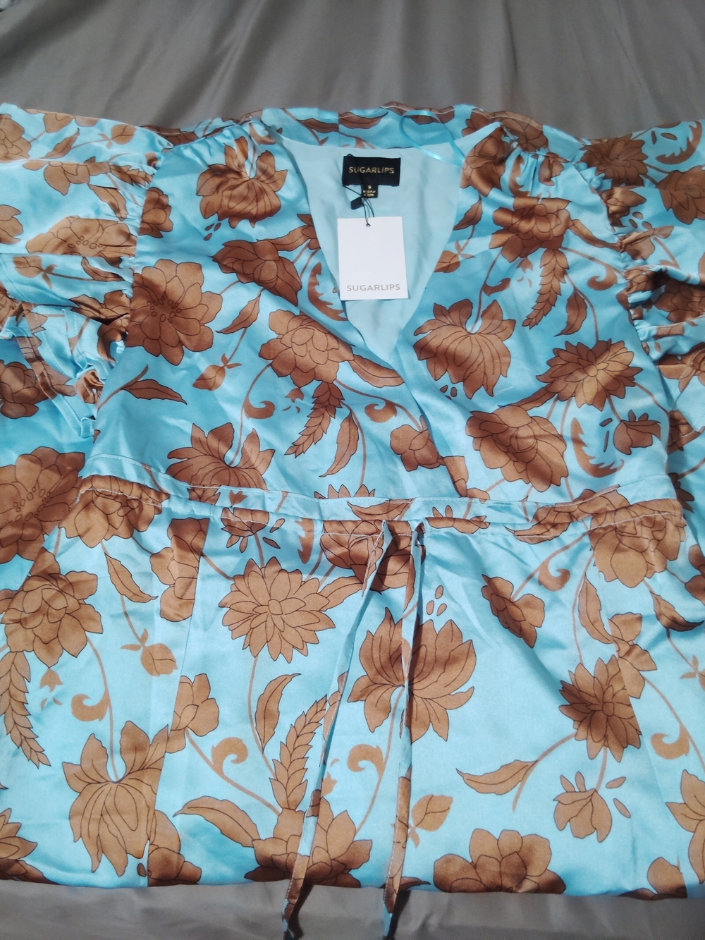SugarLips Blue Floral Wrap Dress with Brown Print